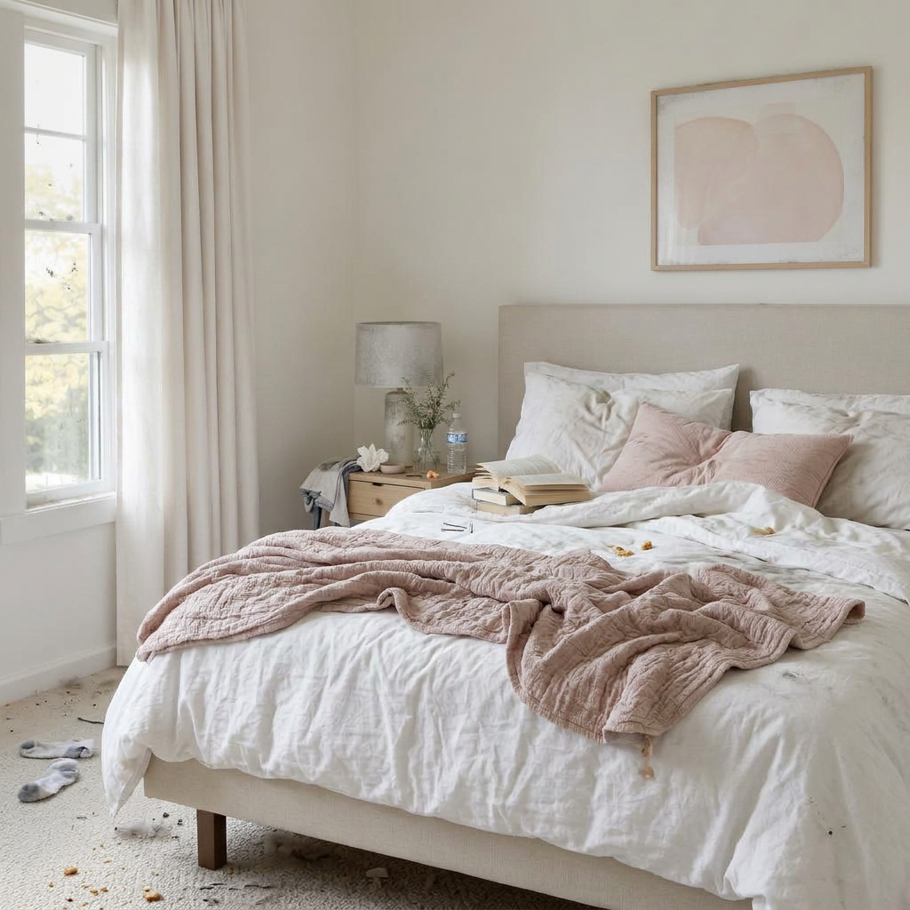 Bedroom reset — dirty before (AI-generated sample)
