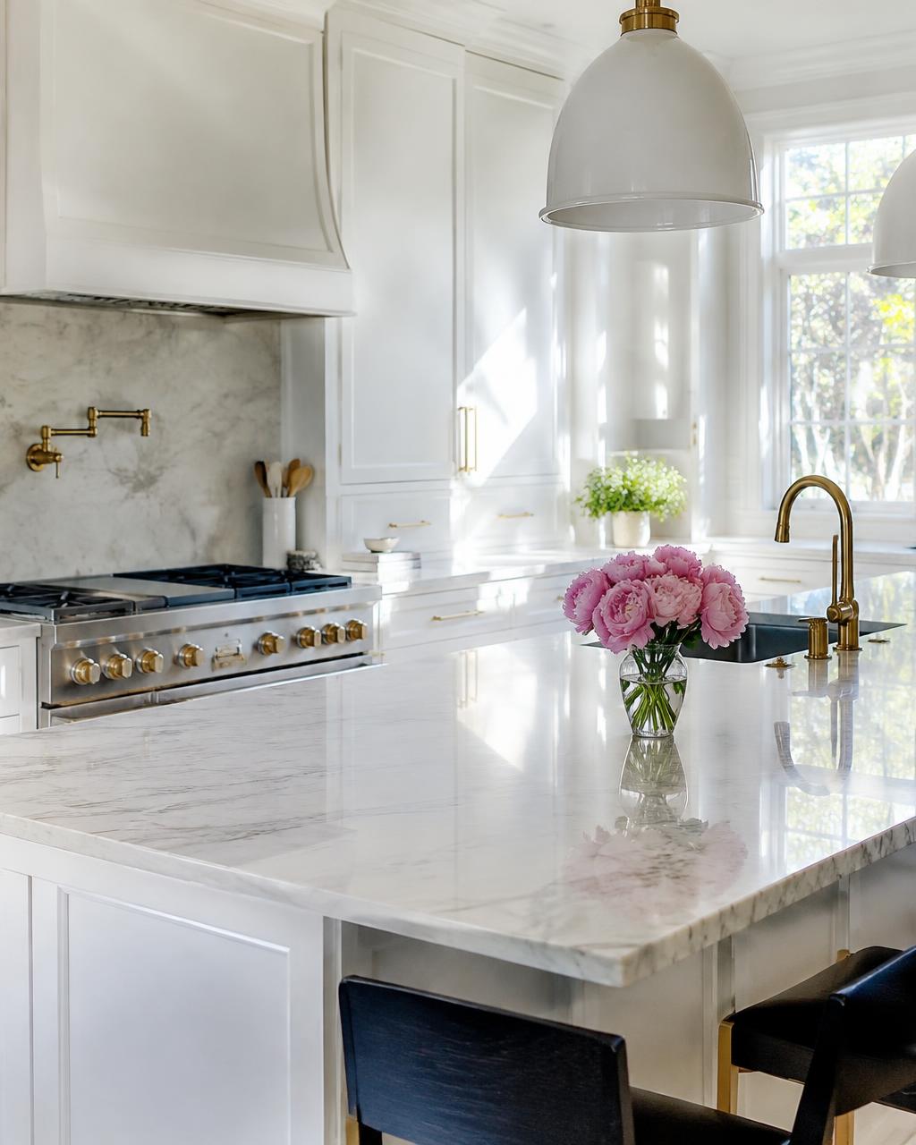 Gleaming clean kitchen with fresh peonies