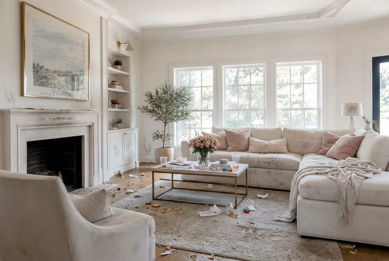 Living room tidy — dirty before (AI-generated sample)